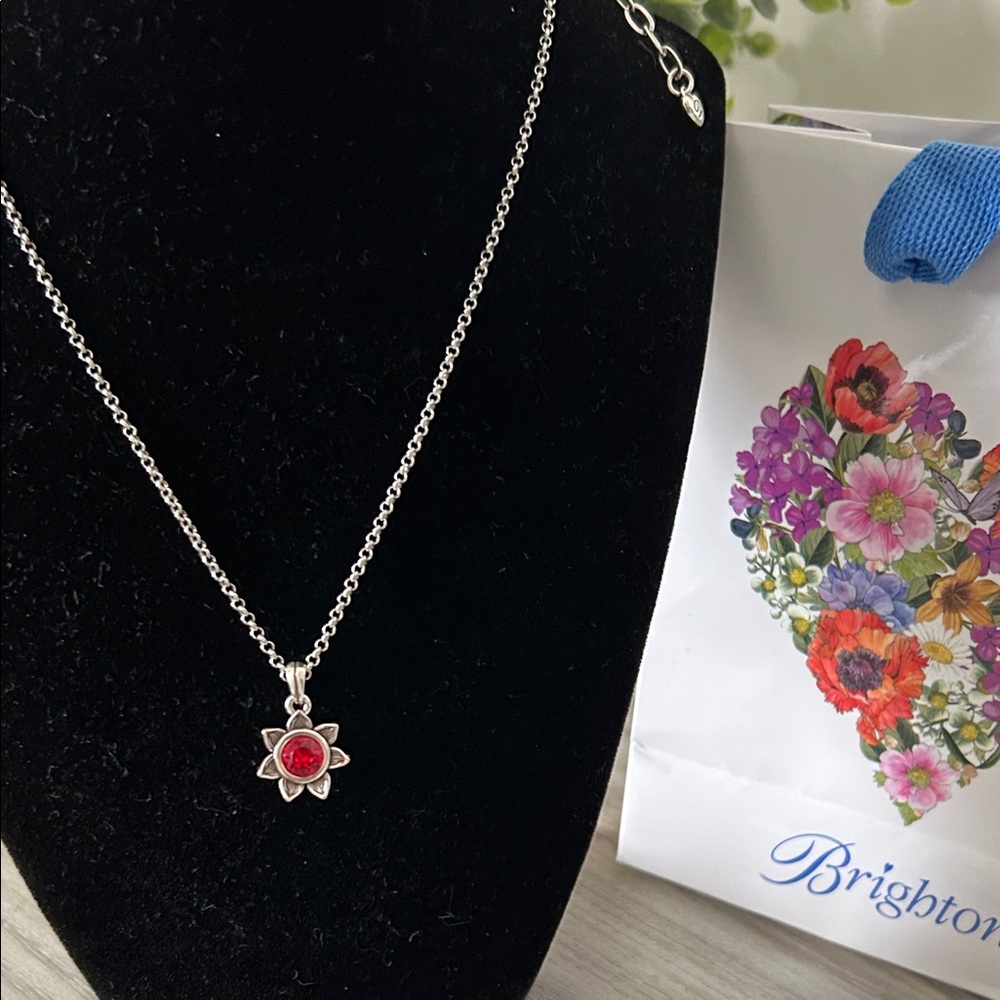 Brighton Silver Flower Pendant Necklace with Red Crystal NWT